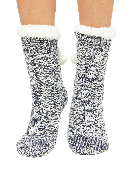 Skarpety zdobione ściegiem warkocza i cekinami granatowe