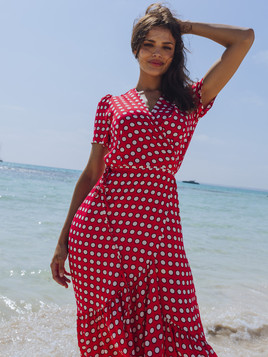 Czerwona sukienka maxi groszki kopertowy dekolt Yups