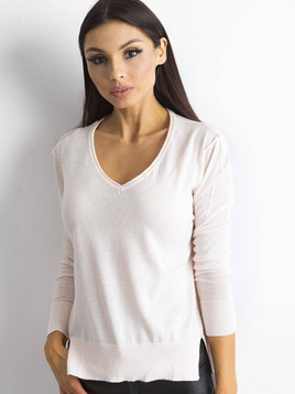 Jasnoróżowy sweter z dekoltem w serek 