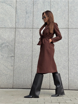 Czekoladowy klasyczny długi płaszcz wiązany Och Bella