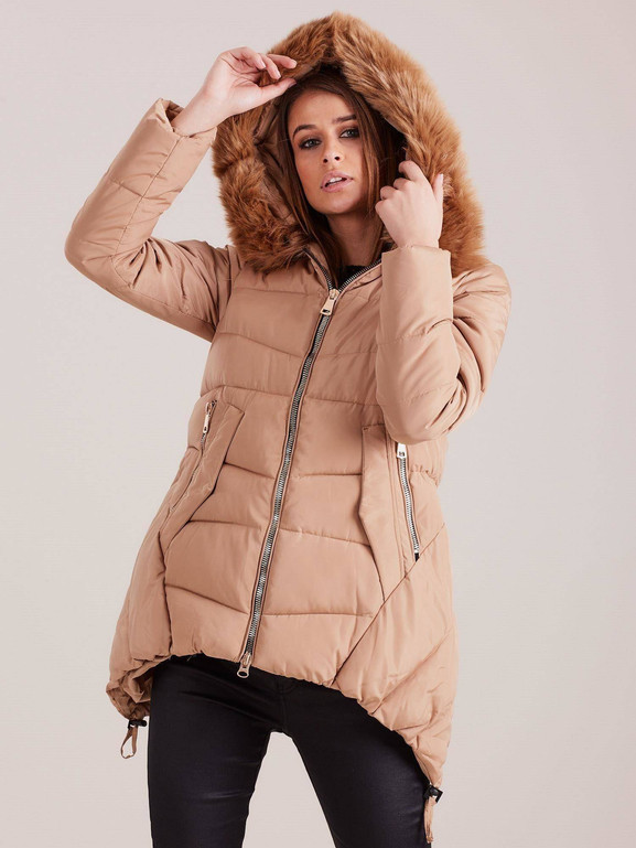 Kurtka z przedłużonymi bokami i futerkiem przy kapturze beżowa