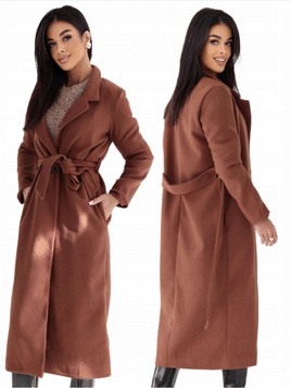 Karmelowy klasyczny długi płaszcz wiązany Och Bella