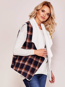 Brązowa kamizelka w kratkę z kożuszkiem 