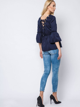 Bluzka z falbanką i sznurowanym dekoltem granatowa