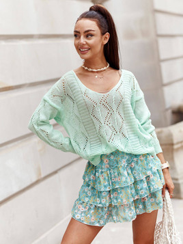 Zielony ażurowy sweter dekolt w serek Yups