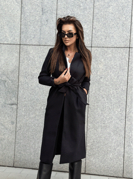 Czarny klasyczny długi płaszcz wiązany Och Bella