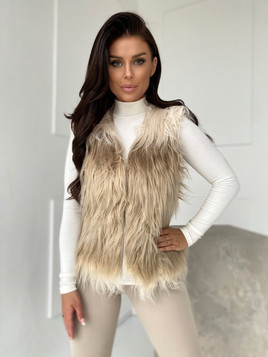 Beżowa kamizelka damska z futerka  z długim włosem Yups