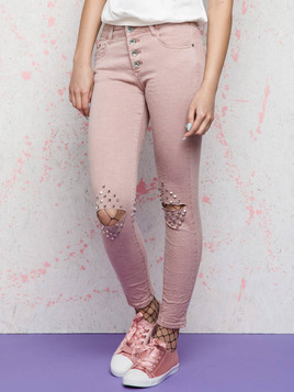 Jeansy Euphory zdobione przecięciami i dżetami na kolanach różowe