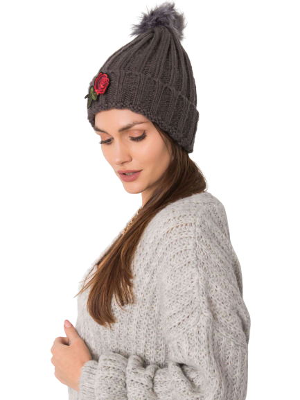 Czapka zdobiona naszywką róży antracyt