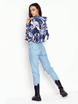 Granatowa bluza oversize z kapturem roślinne printy Cocomore