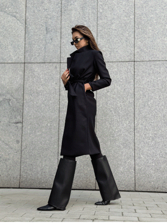 Czarny klasyczny długi płaszcz wiązany Och Bella