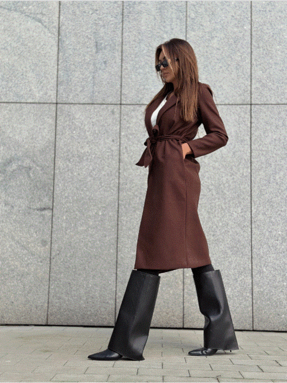 Czekoladowy klasyczny długi płaszcz wiązany Och Bella