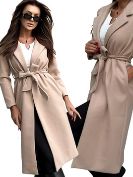 Beżowy klasyczny długi płaszcz wiązany Och Bella