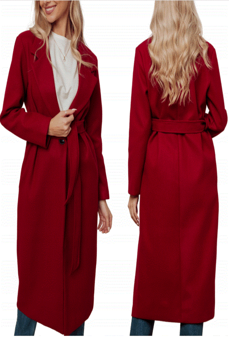 Bordowy klasyczny długi płaszcz wiązany Och Bella