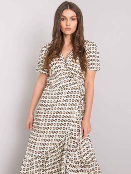 Beżowa sukienka maxi groszki kopertowy dekolt Yups