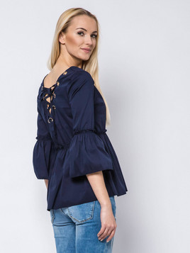 Bluzka z falbanką i sznurowanym dekoltem granatowa