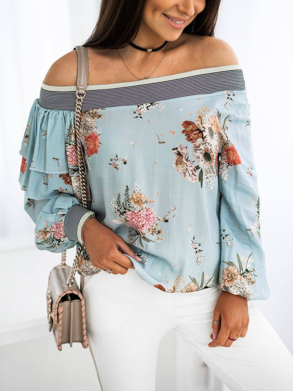 Niebieska bluzka hiszpanka w kwiaty Cocomore