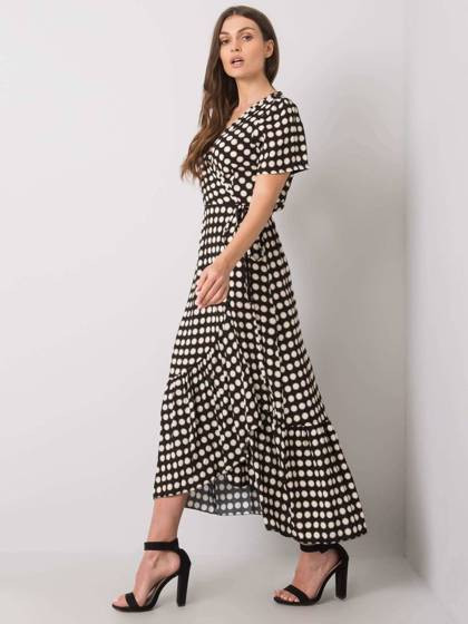 Czarna sukienka maxi groszki kopertowy dekolt Yups