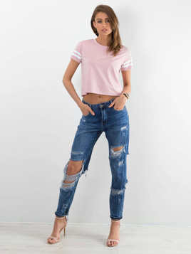 T-shirt cropped zdobiony paseczkami różowy
