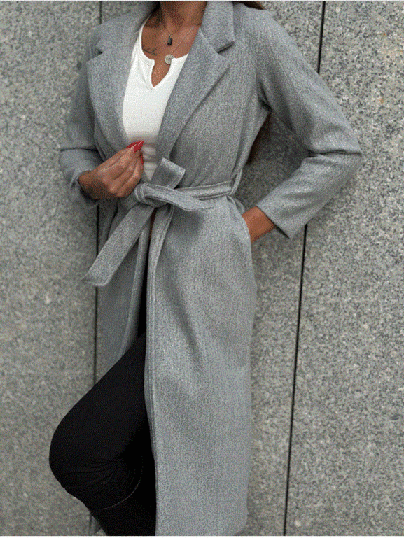 Szary klasyczny długi płaszcz wiązany Och Bella