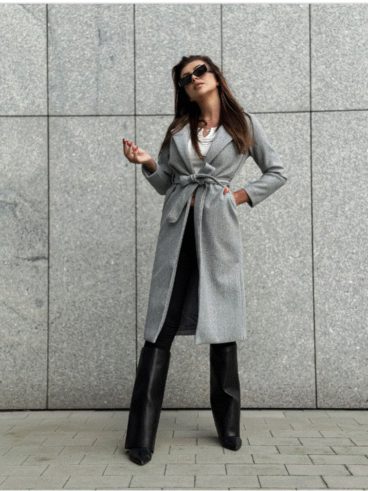 Szary klasyczny długi płaszcz wiązany Och Bella