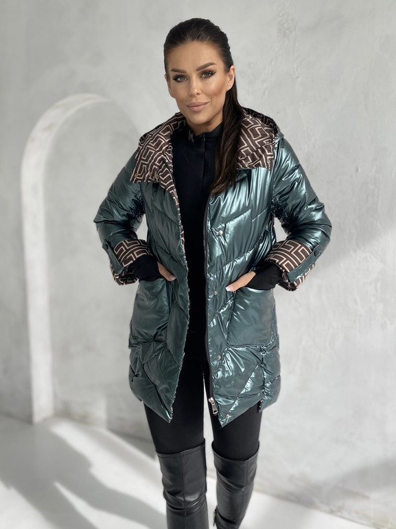 Zielona kurtka z kapturem wysoka stójka Yups