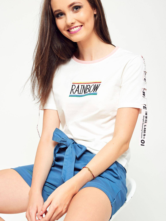 Biały t-shirt Rainbow z ozdobnymi taśmami przy rękawach