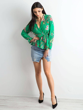 Zielona bluzka z kwiatowej krepy wiązana z przodu 