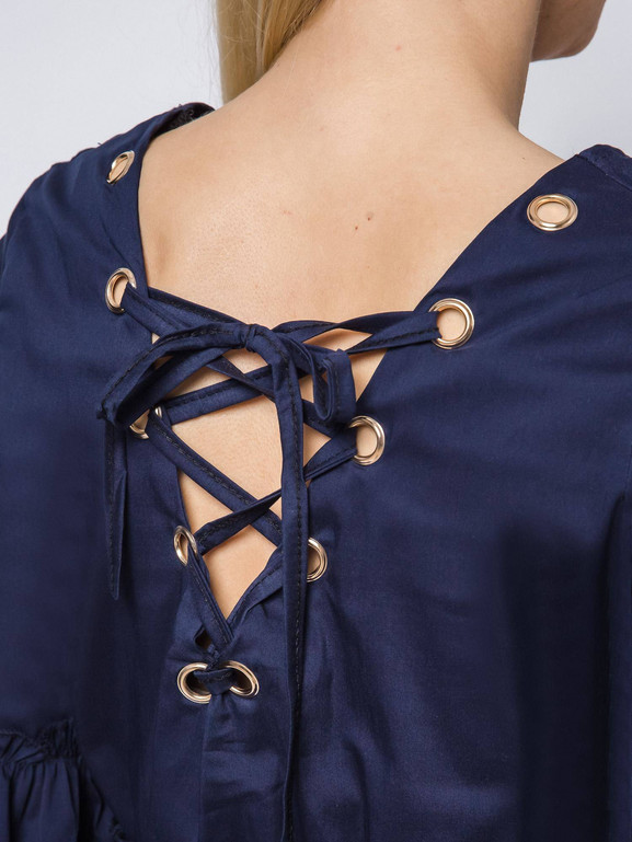 Bluzka z falbanką i sznurowanym dekoltem granatowa