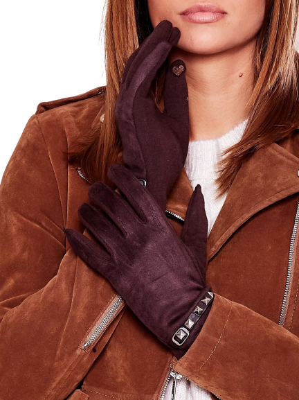 Rękawiczki dotykowe z ozdobnym paskiem brązowe