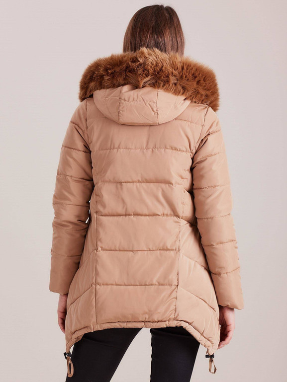 Kurtka z przedłużonymi bokami i futerkiem przy kapturze beżowa