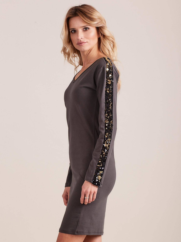 Sukienka zdobiona cekinami wzdłuż rękawów antracyt