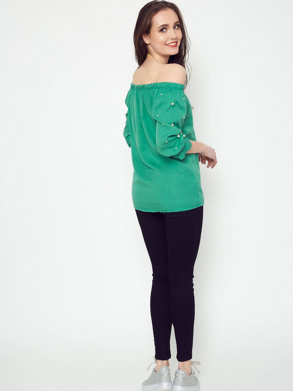 Bluzka z perełkami odsłaniająca ramiona zielona